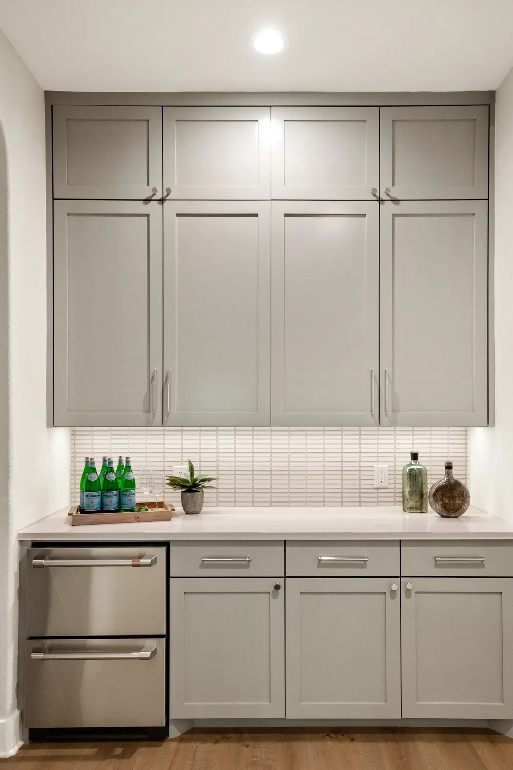 Modern Kitchen Area with Light Gray Cabinets