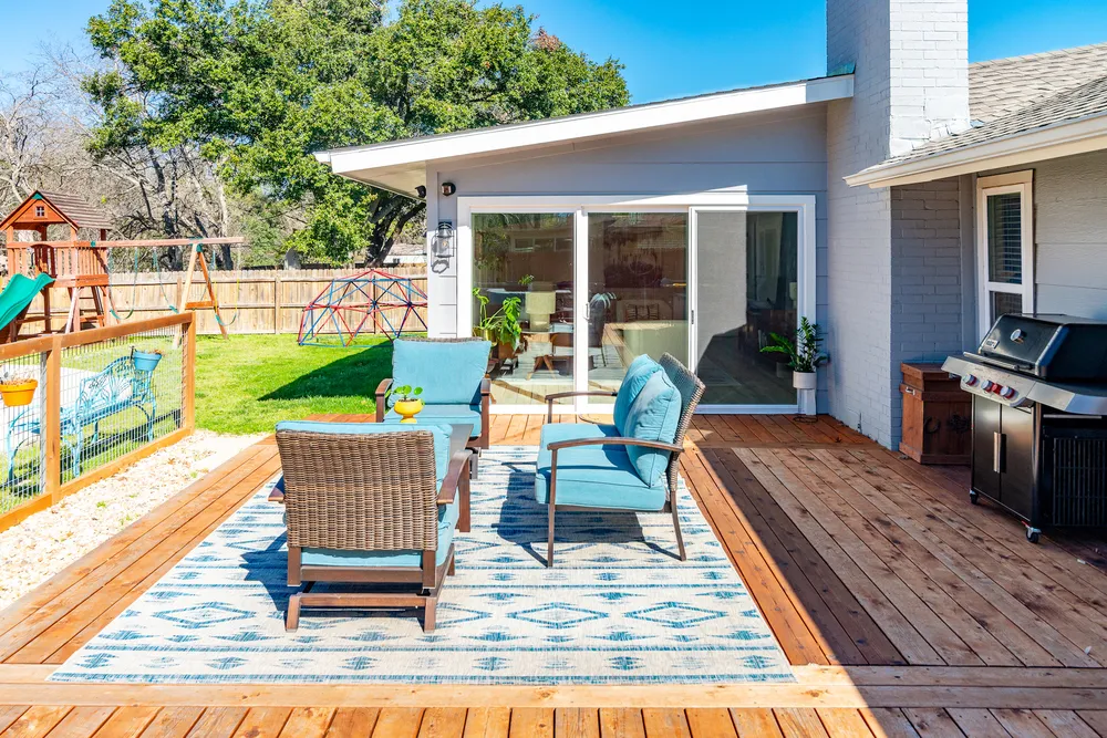                       Modern Backyard Patio with Wooden Deck