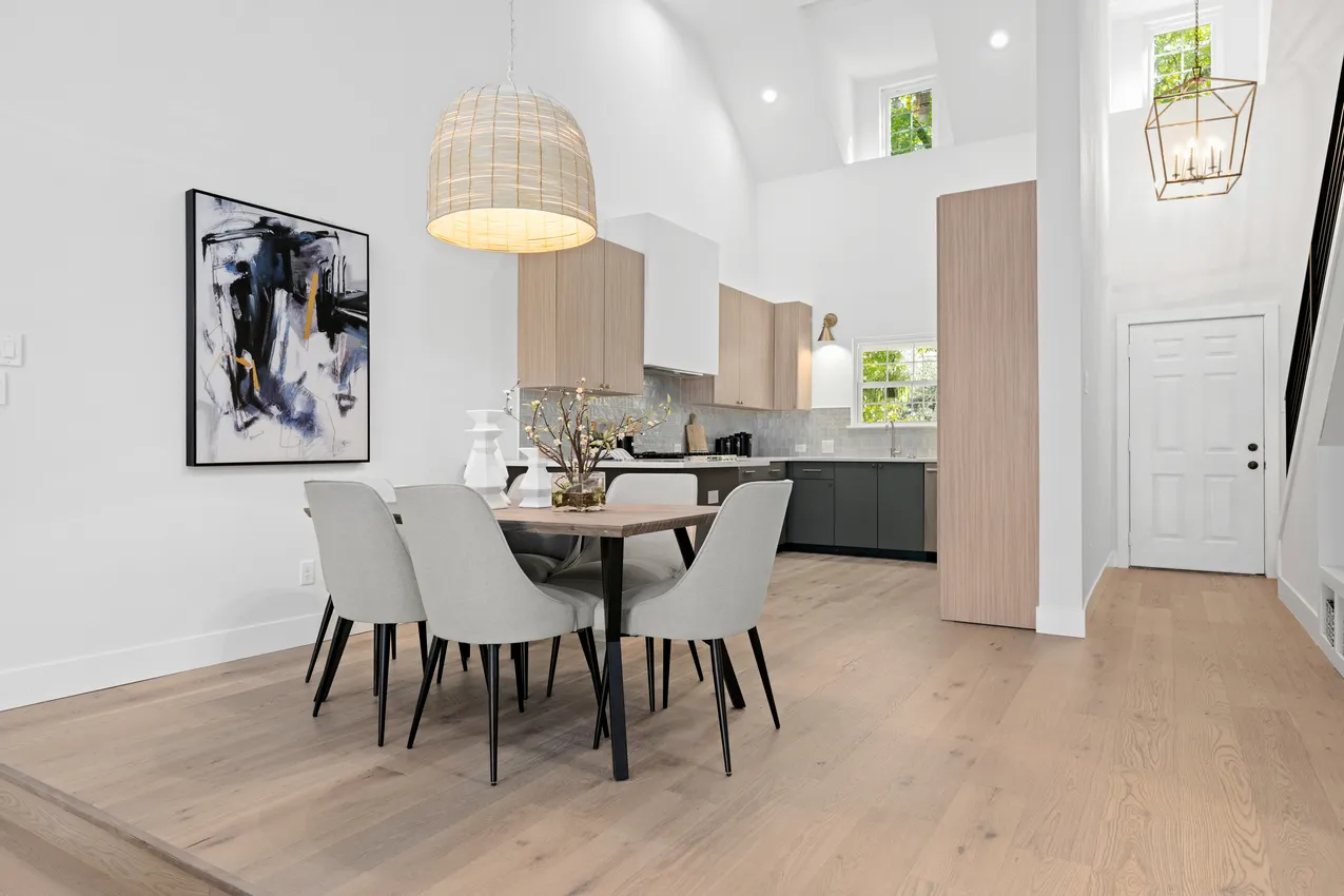 Modern Dining Area with Woven Pendant and Wooden Table