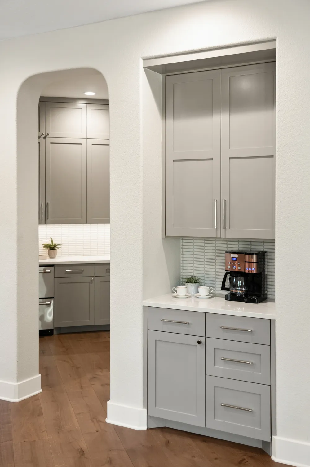 Modern Pantry with Gray Cabinets and Coffee Bar Nook