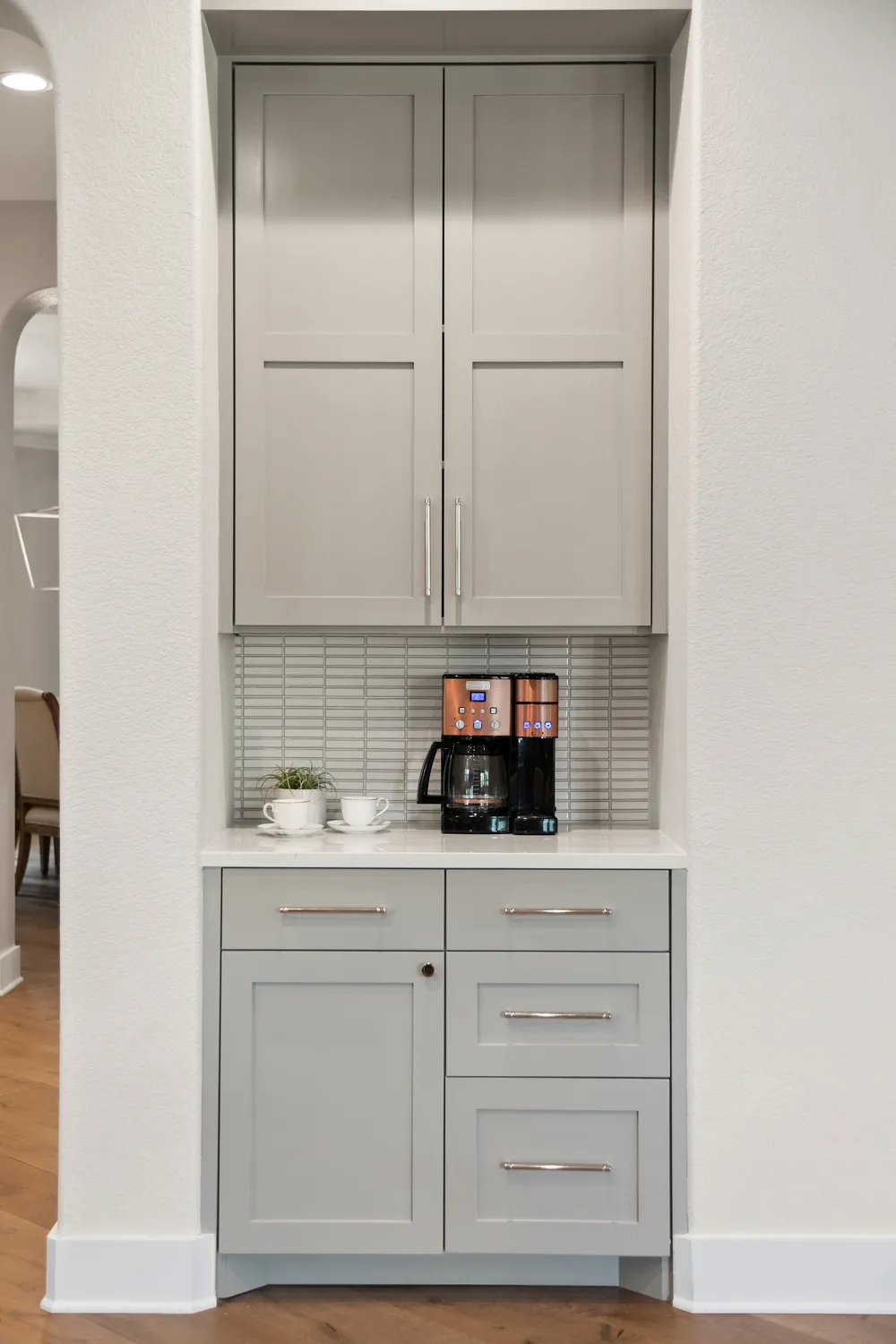 Built-In Coffee Bar with Gray Cabinets and Tiled Backsplash