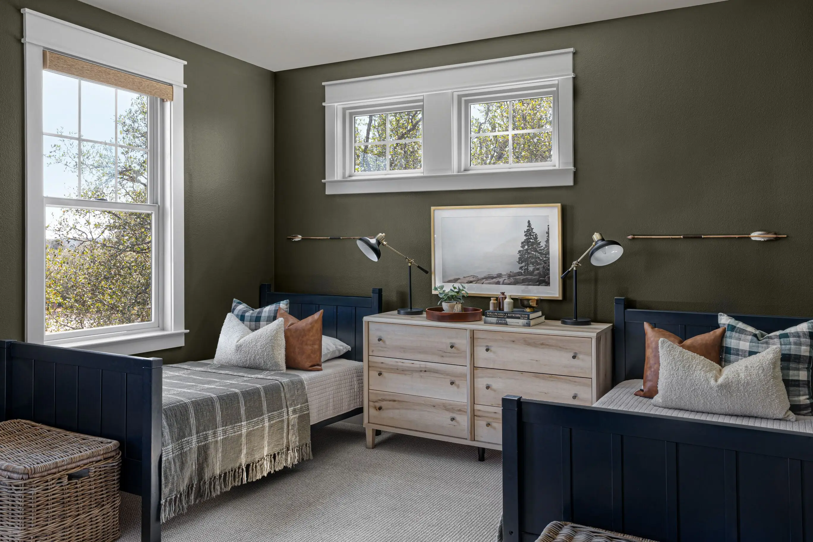 Cozy Bedroom with Two Dark Blue Twin Beds