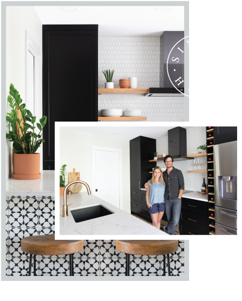 Image collage with two photos featuring a kitchen with geometric tile and a couple standing in the kitchen