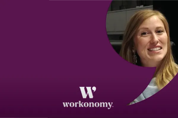 purple workonomy graphic featuring a smiling blond woman