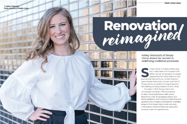 "Renovation Reimagined" feature spread with smiling blonde woman