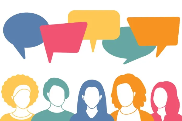 Illustration of five faceless diverse people with colorful speech bubbles above them.