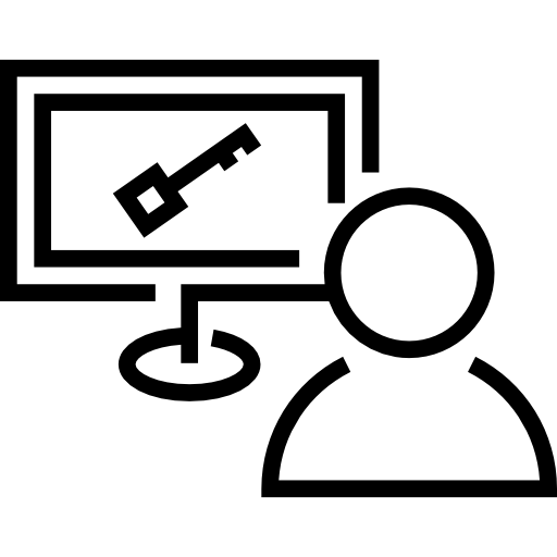 Icon of a person in front of a computer monitor displaying a key, representing login or password access.