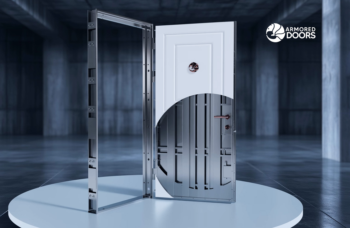 Partially open high-security armored door with a sleek white exterior and a cutaway revealing its reinforced steel interior. Designed for residential safe rooms, the door features a bulletproof, burglar-proof construction with precision locking mechanisms. Branded with the Armored Doors logo.