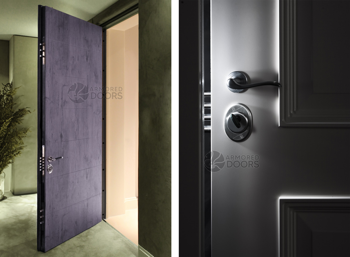  Left: Open high-security armored door with a textured matte finish and multiple locking bolts along the frame, designed for residential safe room protection. Right: Close-up of a steel safe room door slightly ajar, highlighting the advanced locking mechanism and solid build for enhanced home security. 