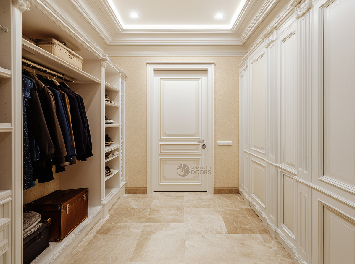 Elegant walk-in closet featuring a custom high-security armored door seamlessly integrated into the classical interior. The bulletproof steel door matches the surrounding white cabinetry, providing discreet, luxurious protection while converting the space into a hidden safe room.