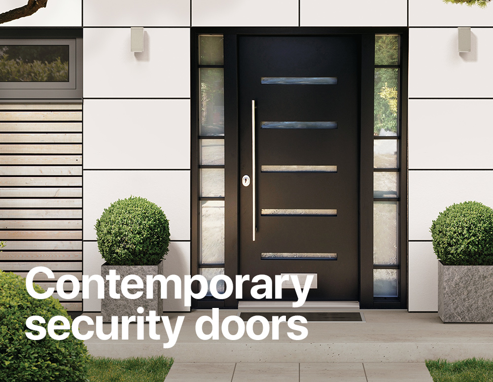 Contemporary dark entrance security door with narrow glass sidelights and modern exterior landscaping, with the text “Contemporary security doors.”