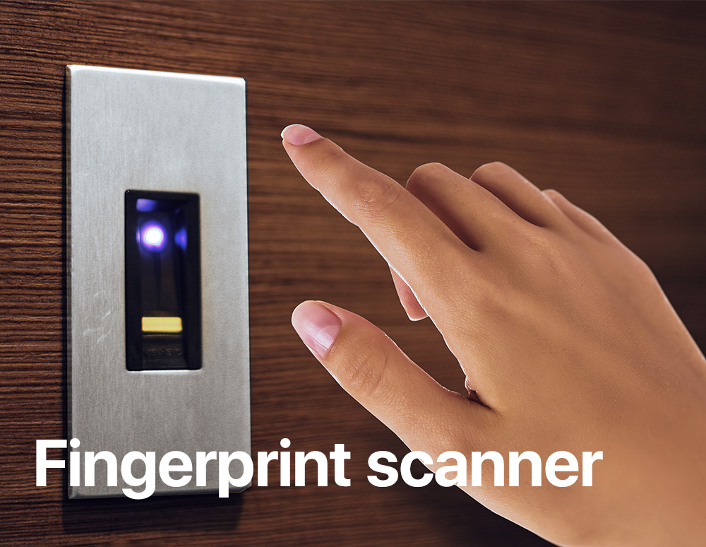Hand approaching a fingerprint scanner integrated into a wood-finished security door, with the text “Fingerprint scanner.”