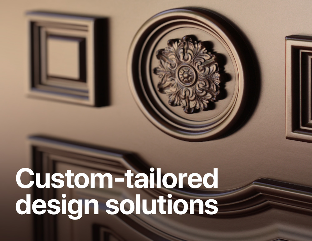 Close-up of an ornate custom security door panel with layered decorative molding and the text “Custom-tailored design solutions.”