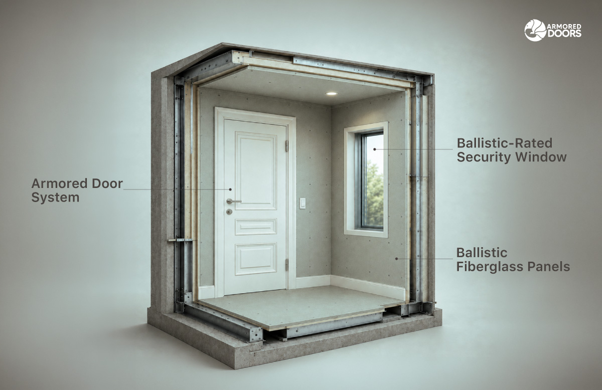 Cutaway illustration of a complete Armored Doors safe room system with ballistic fiberglass panels, an armored door, and a ballistic-rated security window.