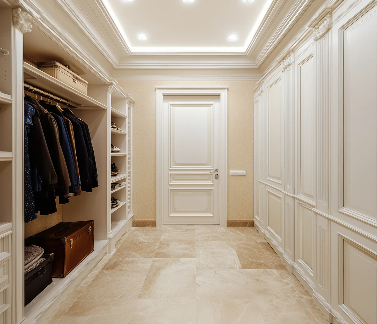 Walk-in closet safe room with Armored Doors ballistic fiberglass panels concealed behind the finished walls and an integrated security door.
