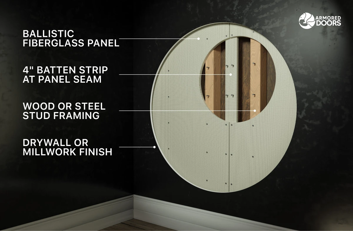 Armored Doors installation diagram showing a ballistic fiberglass wall panel, 4-inch batten strip at the panel seam, wood or steel stud framing, and drywall or millwork finish.