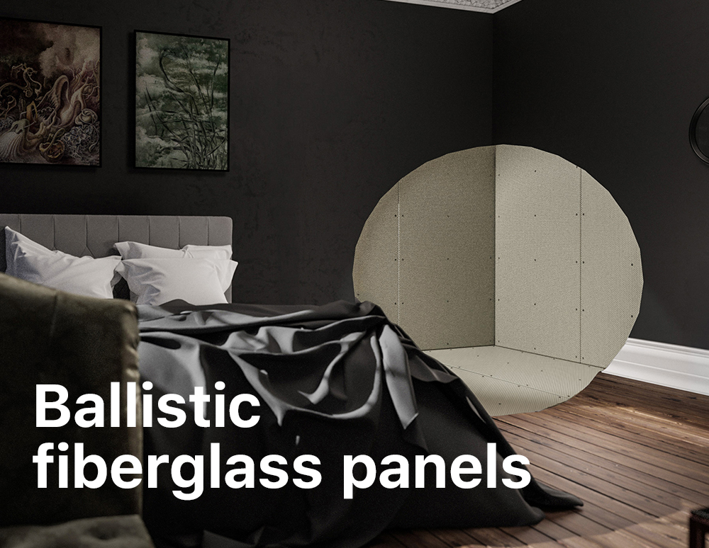 Bedroom interior with a circular cutaway revealing concealed ballistic fiberglass panels behind the finished wall.