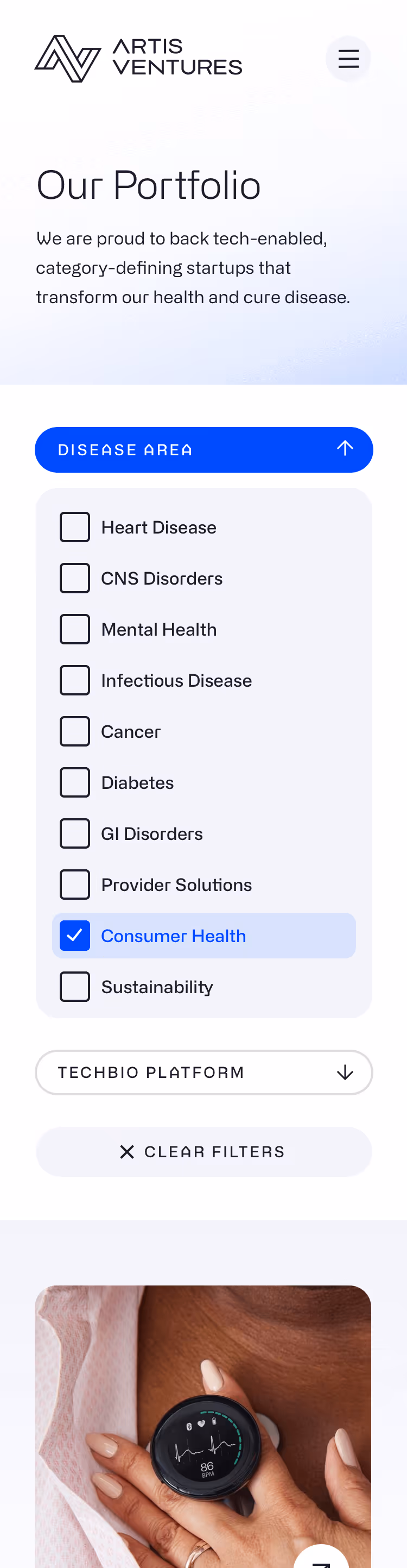A mobile view of the Artis Ventures website showing the ability to filer and sort portfolio companies
