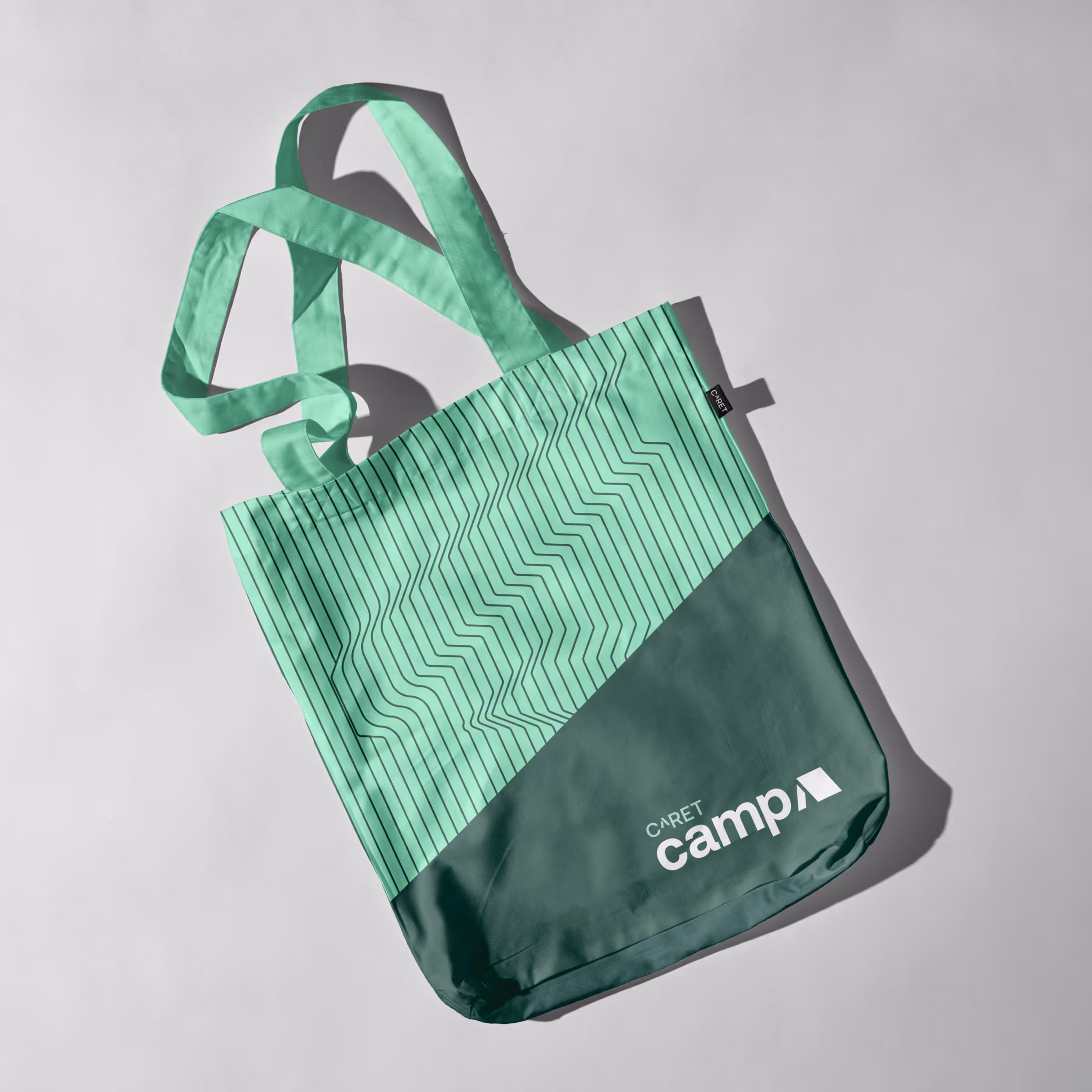 A mockup showing the branded CARET Camp tote bad design