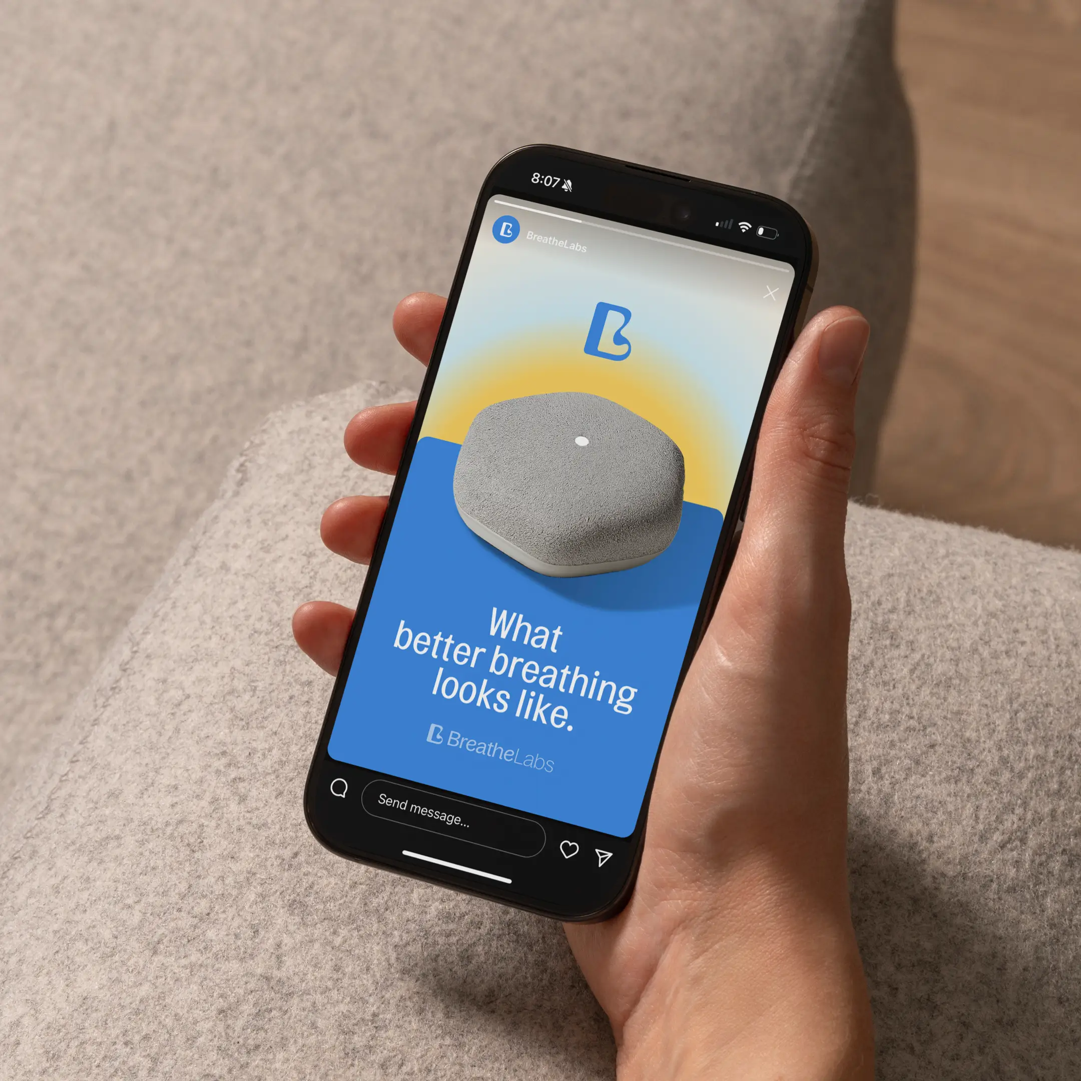 A social media ad showcasing the BreatheLabs device