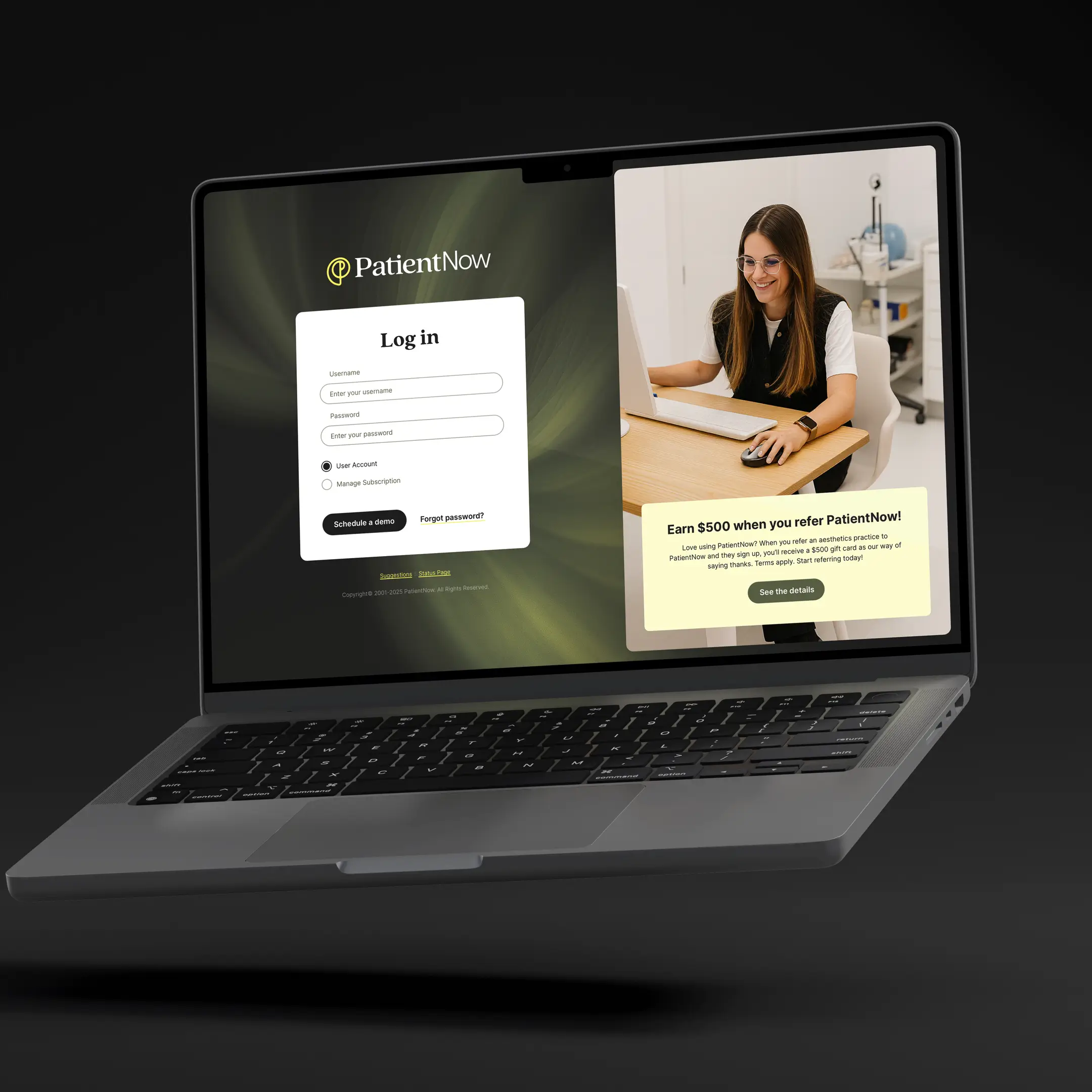 A laptop showing the PatientNow product login screen
