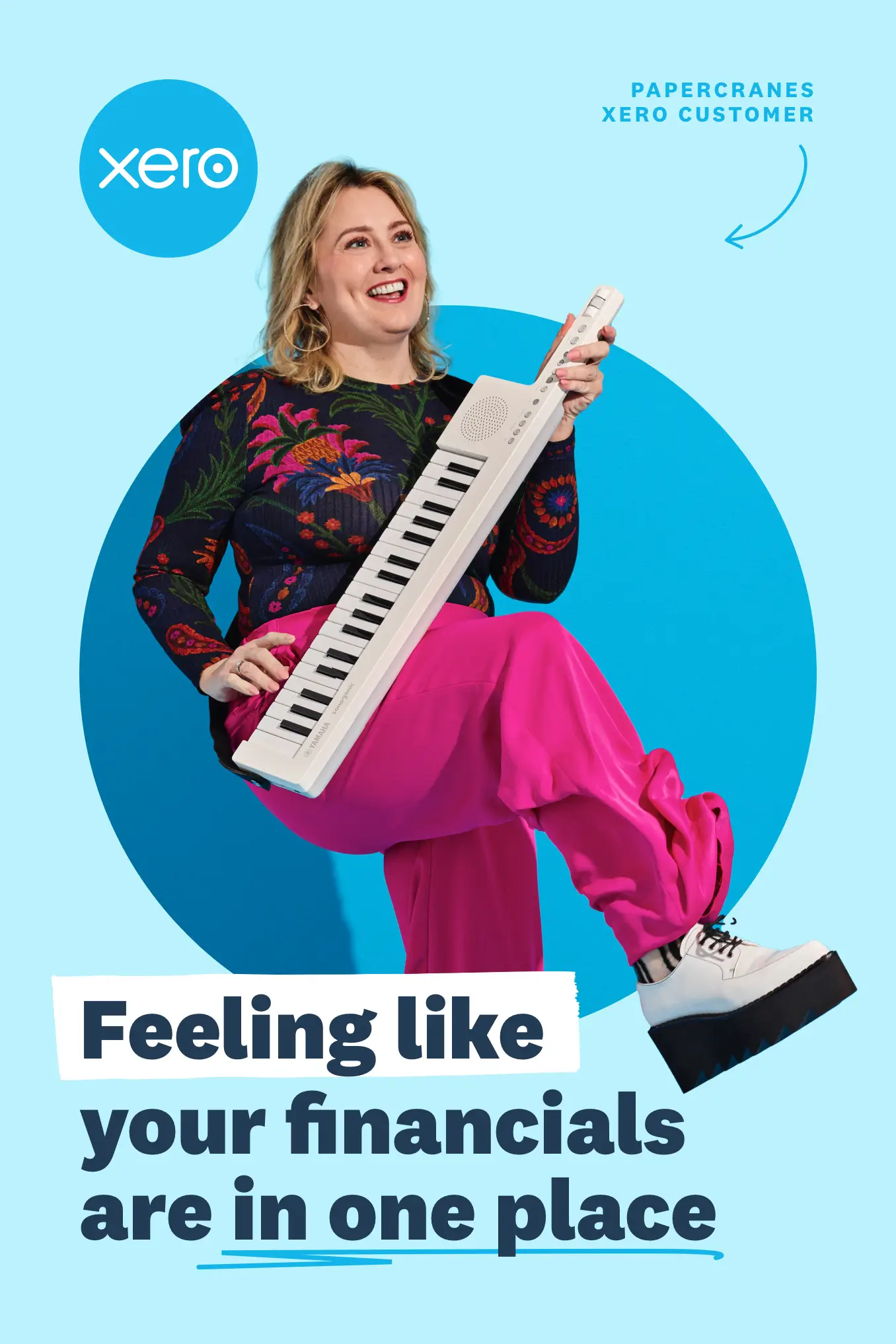 A Xero customer shown smiling inside of a Xero ad