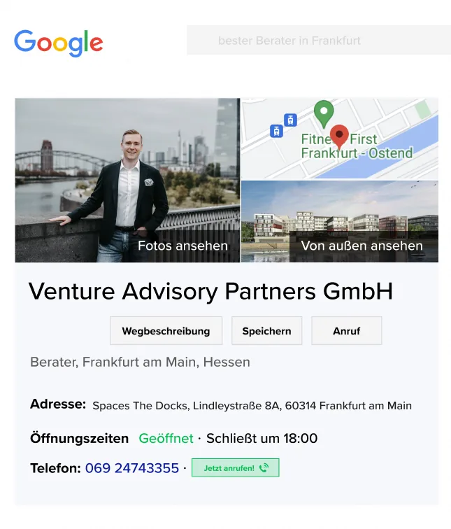 Google Business Profil: VAP GmbH Frankfurt mit Standortkarte und Foto