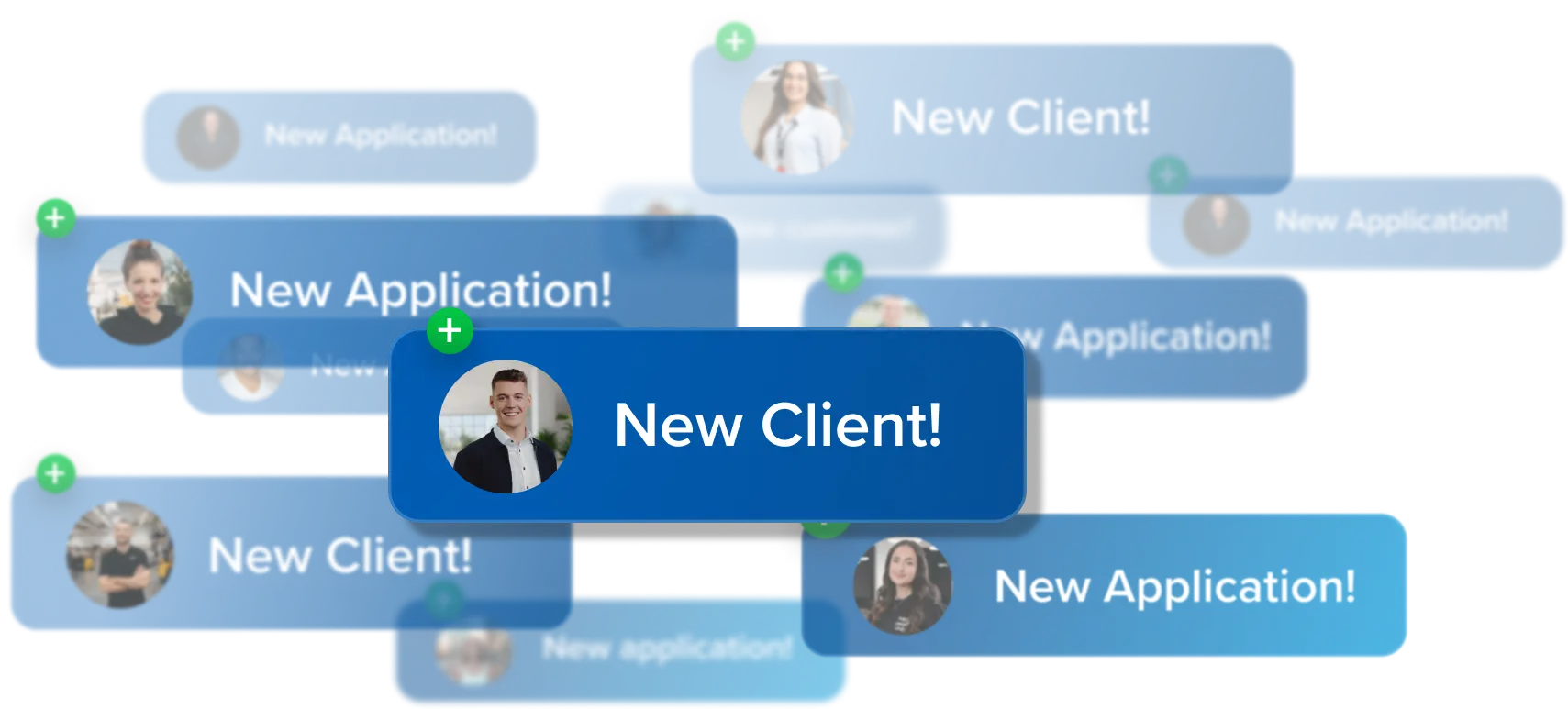 Blau hinterlegte Benachrichtigungen mit Personenprofilbildern und Texten wie Neuer Kunde! und Neue Bewerbung!.