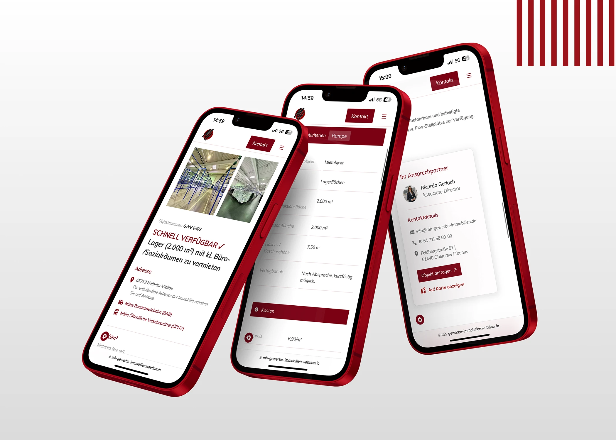 MH Gewerbe-Immobilien Unterseite – detailliertes UI-Design von Klein & Rose