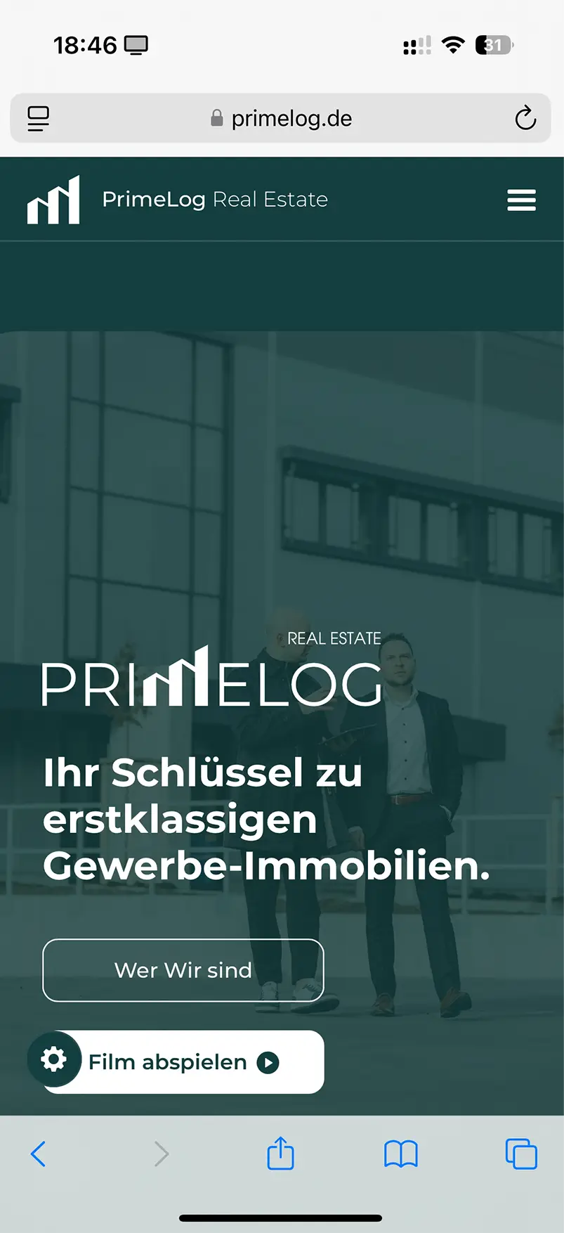 PrimeLog Real Estate GmbH mobile Ansicht – responsives Webdesign von Klein & Rose Frankfurt