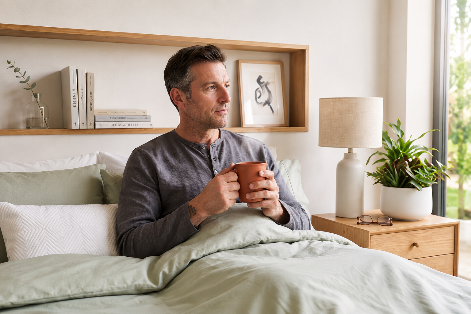 Man sitting in bed holding a mug, looking thoughtfully to the side in a cozy, modern bedroom.