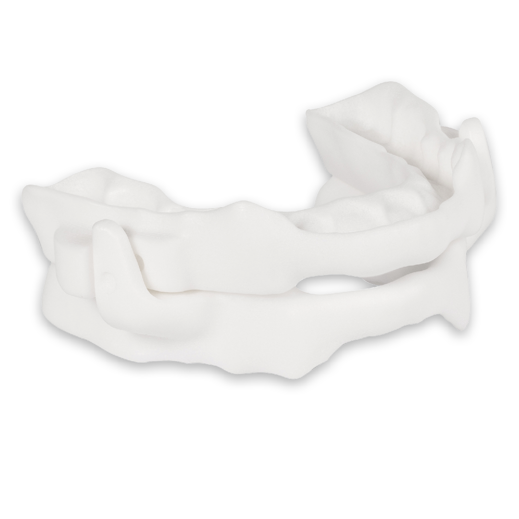 Strong, thin, medical-grade nylon that stands up to grinding and clenching. Easy to adjust by swapping trays, with a 3-year warranty.