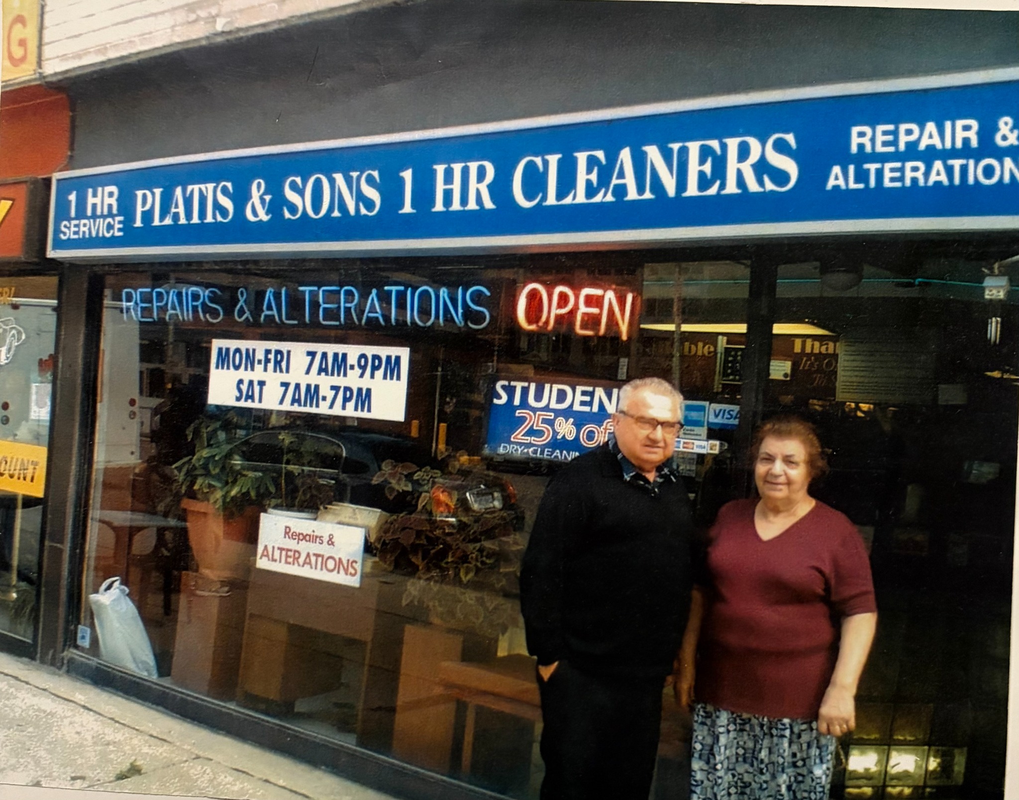 Platis Cleaners founders Christos and Carol Platis at an early Toronto location