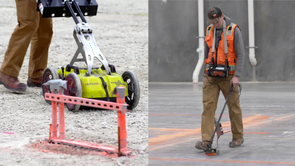 Side-by-side photos of a utility locating ground penetrating radar scanning cart, and a GPRS Project Manager using a GPR concrete antenna.