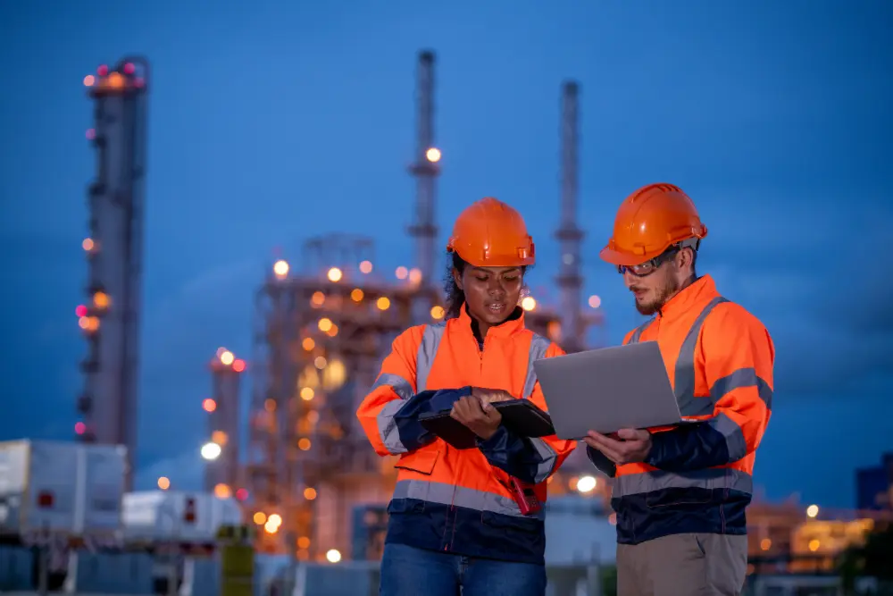 Two workers look at a tablet and laptop while standing in front of a petroleum refinery.