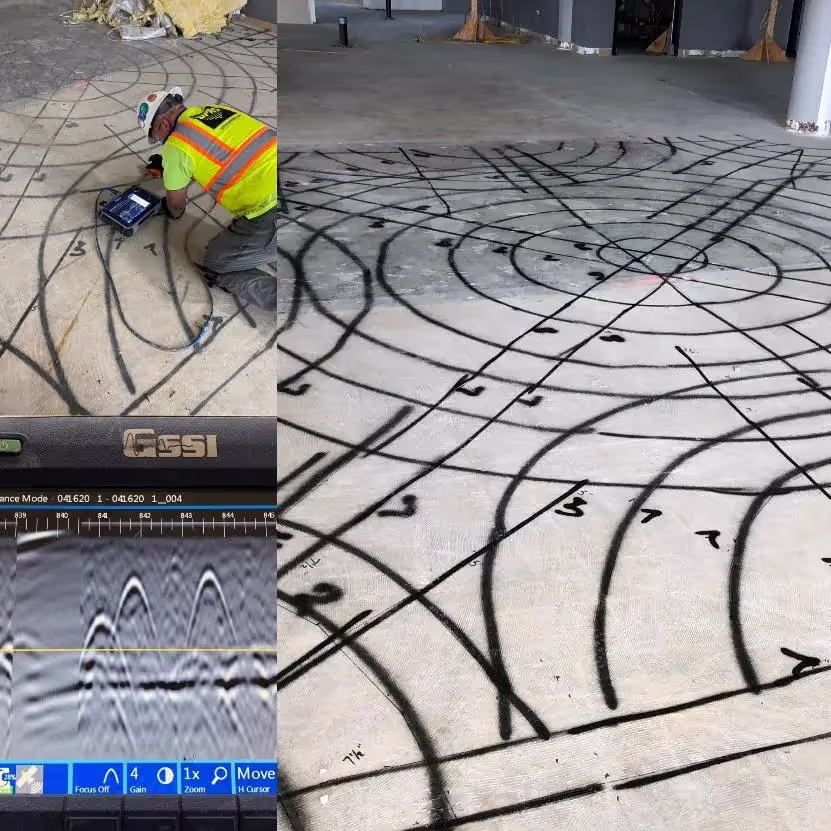 A composite image showing how the S.M.I. System shows up on a GPR scan and how it is marked.