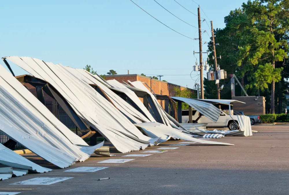 Debris strewn over a parking lot.