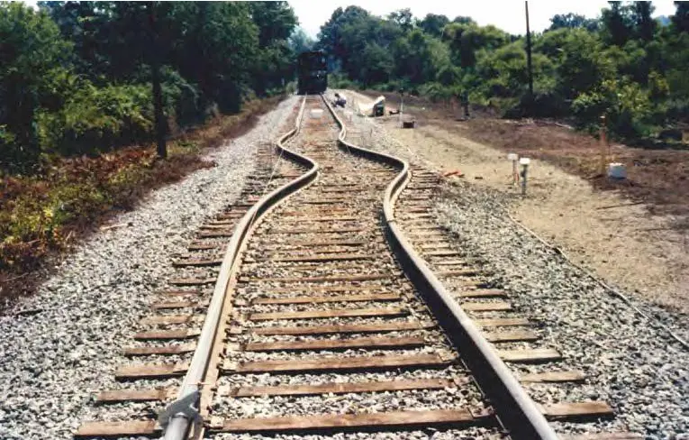 Railroad tracks bent into a wiggly pattern from extreme heat