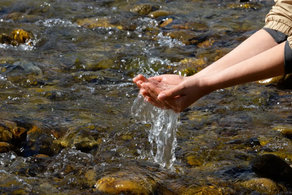 Hands with water pouring out of them into a stream.