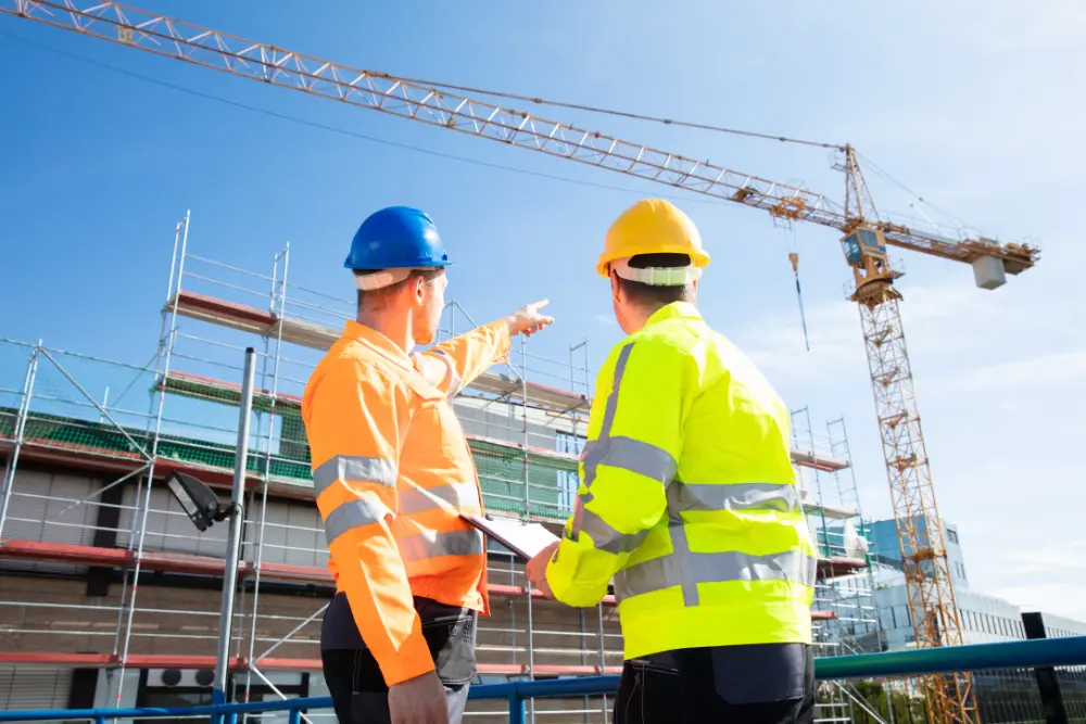 An inspector and construction worker wearing personal protective equipment and talking on a job site.