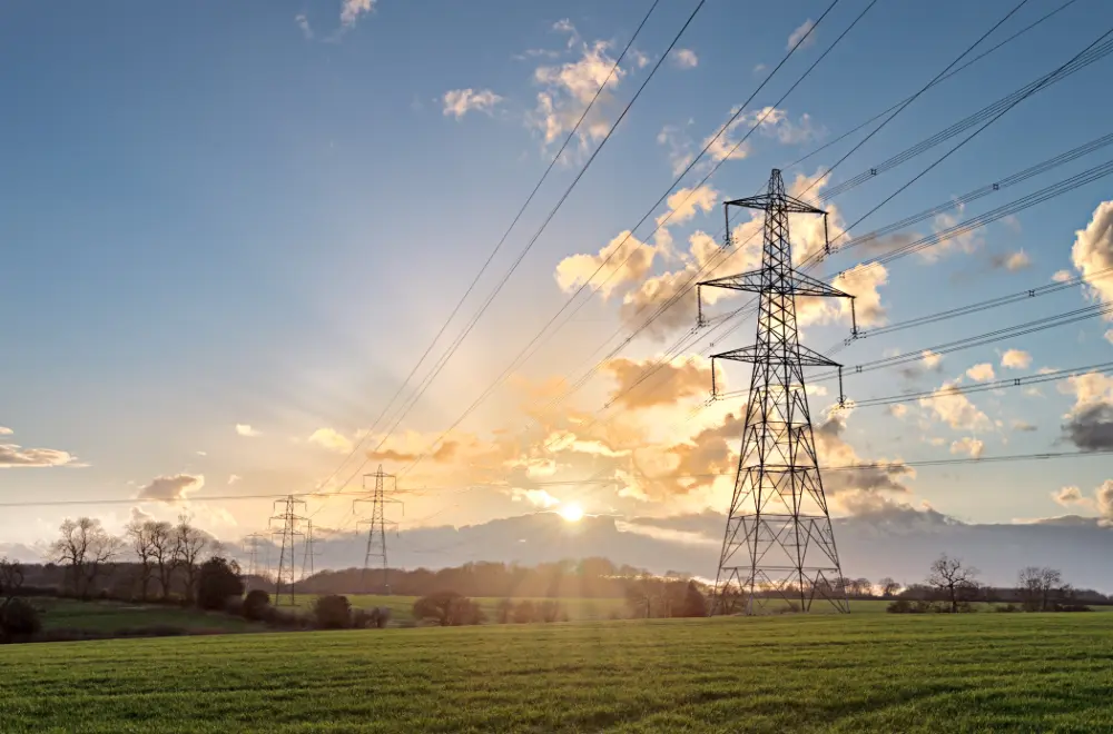 Transmission lines illuminated by a sunrise.