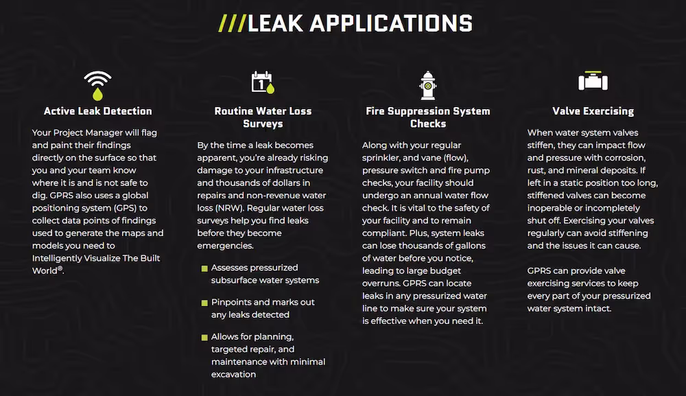 A breakdown of how GPRS Leak Detection Services can be applied in various industries and situations.