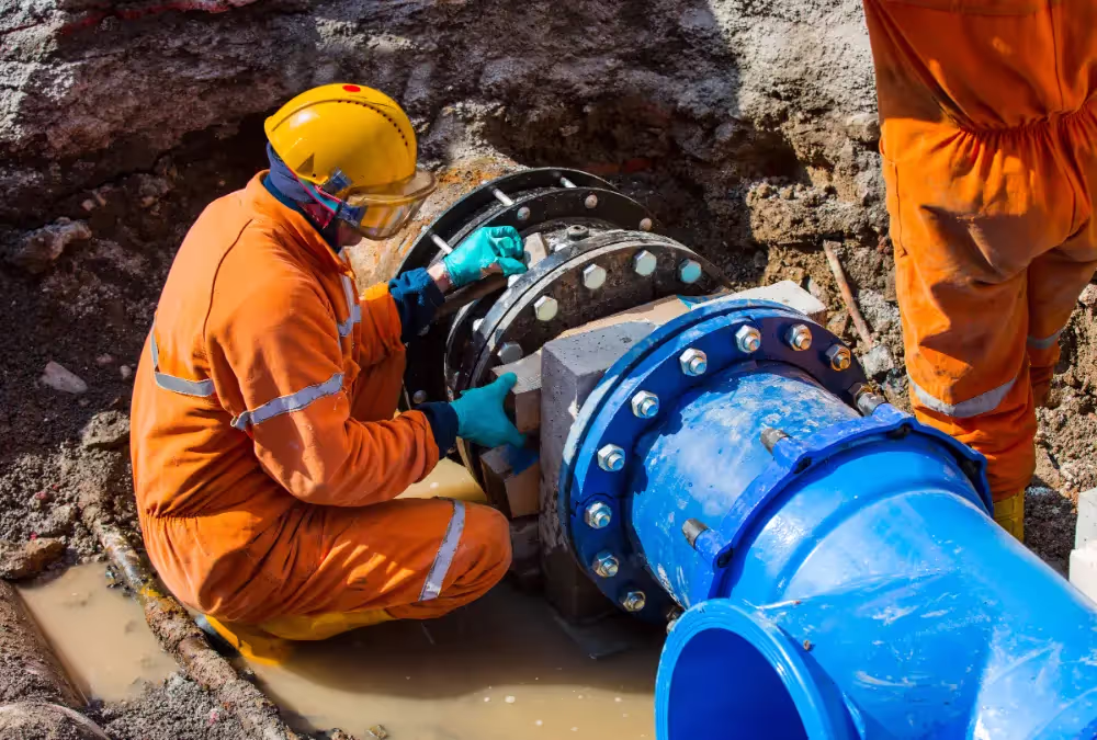 Workers repairing an unearthed pipeline.