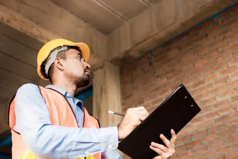 A Construction worker with a note pad inspecting a building.