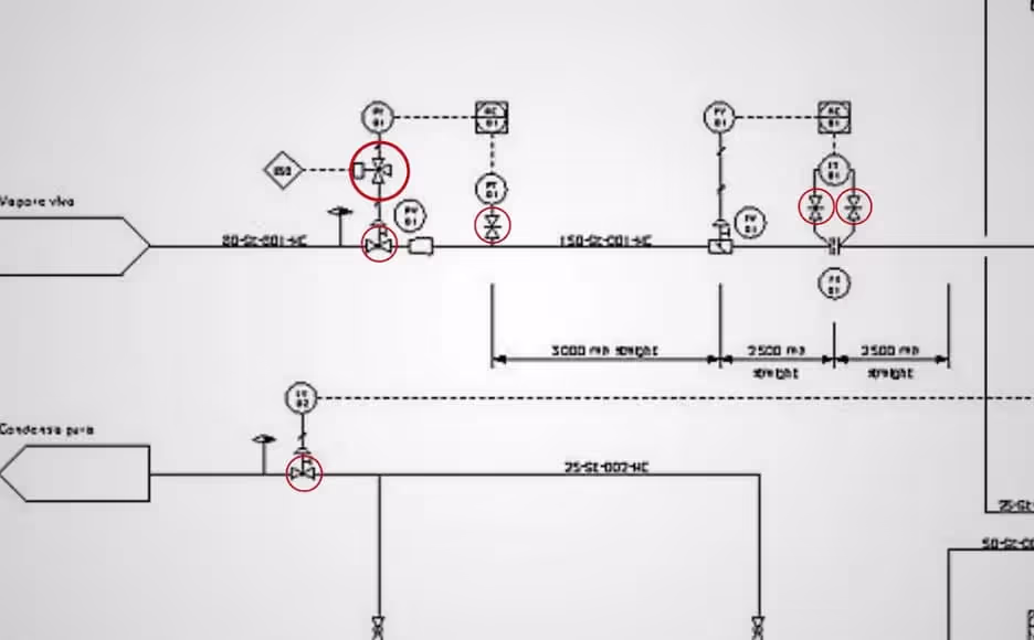 P&ID valves circled in red on a 2D CAD drawing.