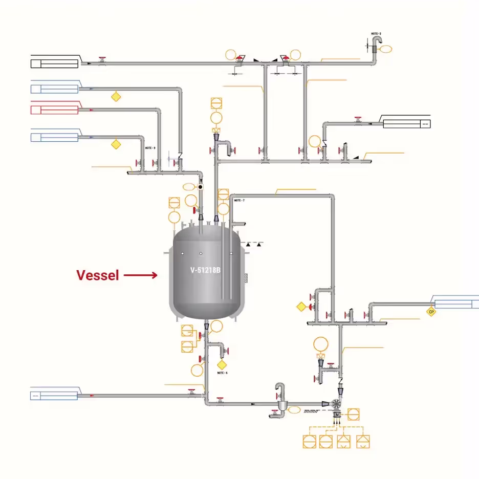 Vessel labeled with red arrow in P&ID.