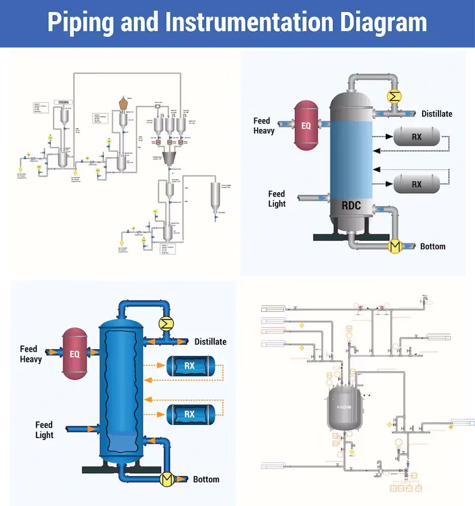 Collage of industrial distillation system diagrams, including P&IDs and schematic process representations.
