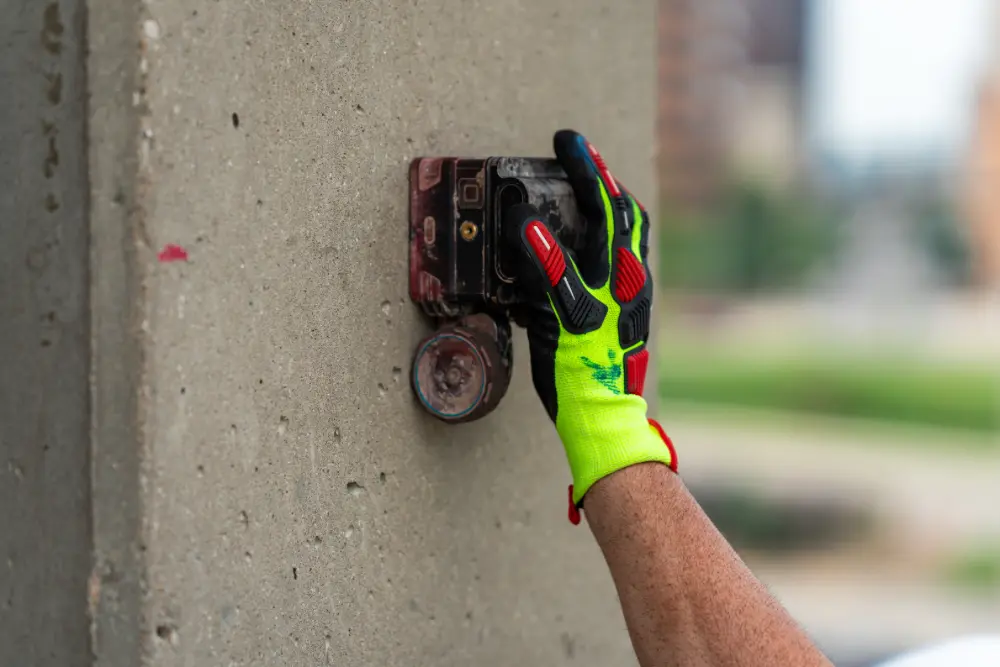 A ground penetrating radar scanner held against a concrete column.
