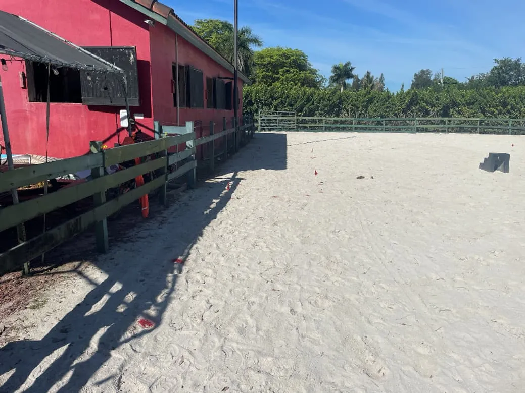 A horse corral with spray paint markings and flags in the sand