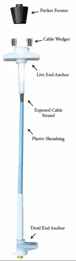 A vertical diagram labeling the various components that make up a post tension cable: Top to bottom: pocket former, cable wedges, live end anchor, exposed cable strand, plastic sheathing, dead end anchor.